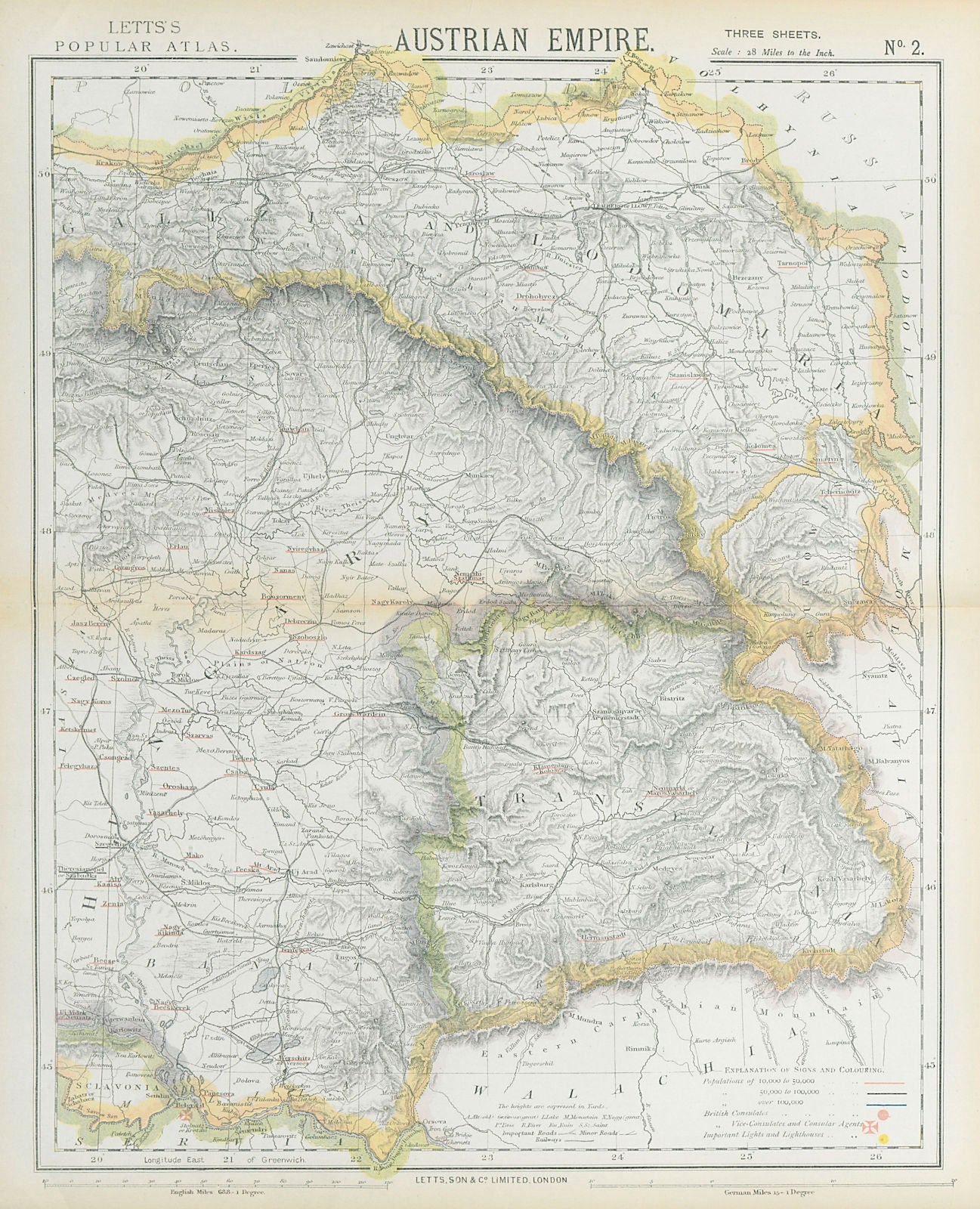 AUSTRIAN EMPIRE Galizia Eastern Hungary Transylvania Galicia. LETTS 1883 map